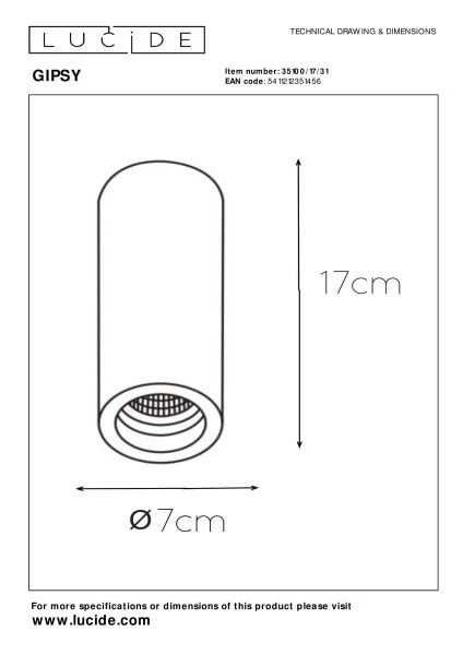 Lucide GIPSY - Spot plafond - Ø 7 cm - 1xGU10 - Blanc - technique